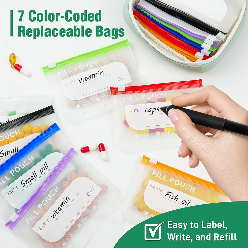 🏆Flash Sale 49% OFF💊Waterproof Pill Organizer Pouch Set – 14 Removable, Color-Coded Bags, Easy to Label & Refill💖