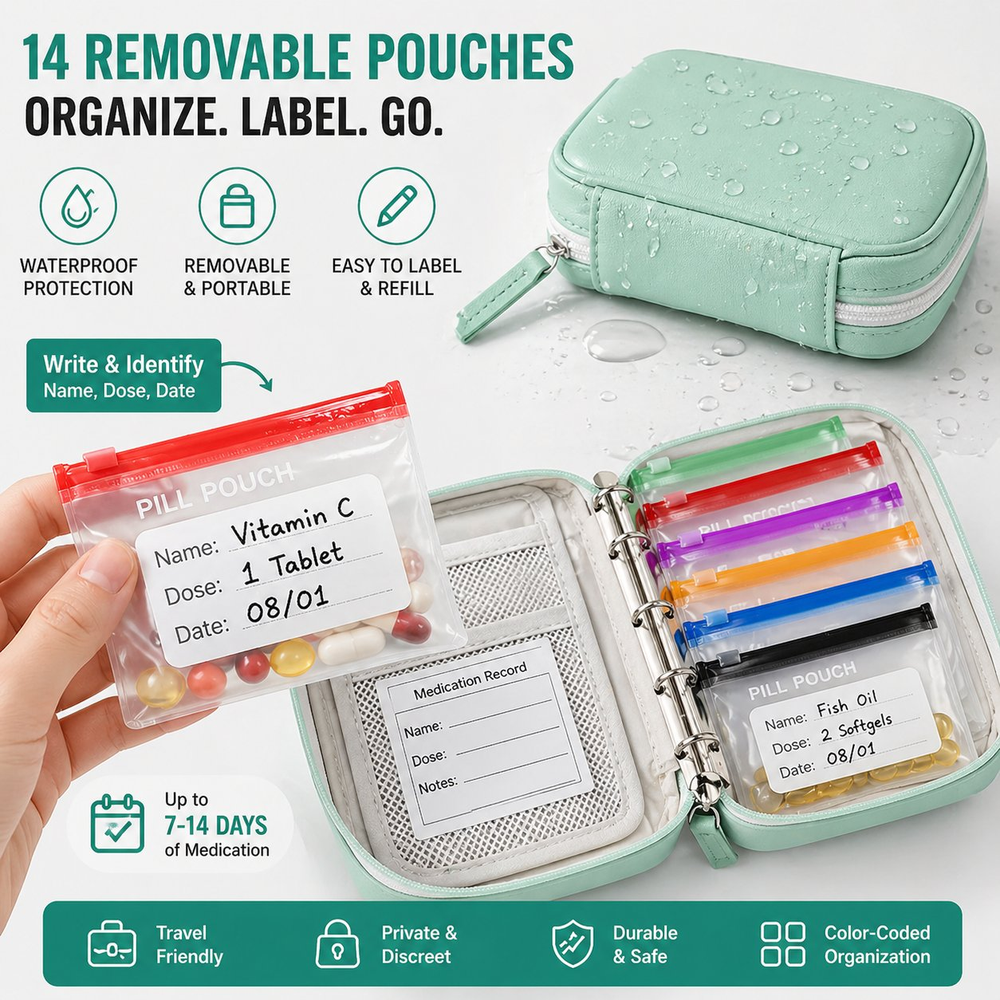 🏆Flash Sale 49% OFF💊Waterproof Pill Organizer Pouch Set – 14 Removable, Color-Coded Bags, Easy to Label & Refill💖