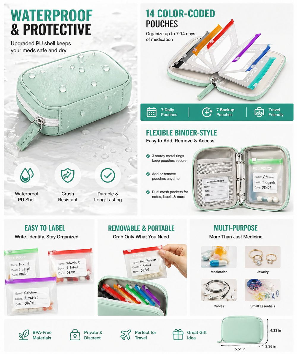 🏆Flash Sale 49% OFF💊Waterproof Pill Organizer Pouch Set – 14 Removable, Color-Coded Bags, Easy to Label & Refill💖